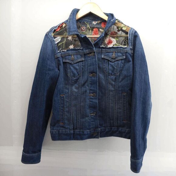 Old Navy Jackets & Blazers - Old Navy Womens Jacket Small Blue Embroidered 3D Lace Floral Sheer Denim Snap